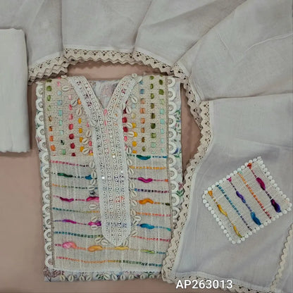 Designer off white pure linen jute cotton unstitched salwar material, thread embroidery, shell buttons work on yoke, (thin, lining needed)printed all over,spun cotton bottom, jute patch work on pure mul cotton dupatta with applique work on pallu .AP263013