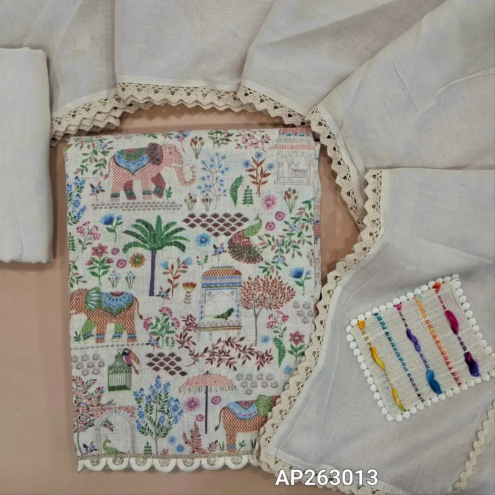 Designer off white pure linen jute cotton unstitched salwar material, thread embroidery, shell buttons work on yoke, (thin, lining needed)printed all over,spun cotton bottom, jute patch work on pure mul cotton dupatta with applique work on pallu .AP263013