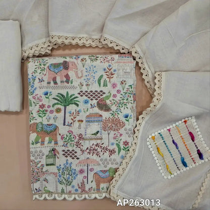 Designer off white pure linen jute cotton unstitched salwar material, thread embroidery, shell buttons work on yoke, (thin, lining needed)printed all over,spun cotton bottom, jute patch work on pure mul cotton dupatta with applique work on pallu .AP263013
