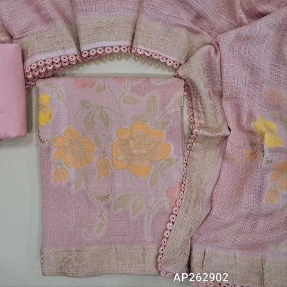 Designer pastel pink pure jute cotton unstitched salwar material,thread weaving on yoke,rich jamdani weaving daman,(lining needed)drum dyed cotton fabric for lining, NO BOTTOM,jamdani weaving on jute cotton dupatta with borders and lace tapping. AP262902