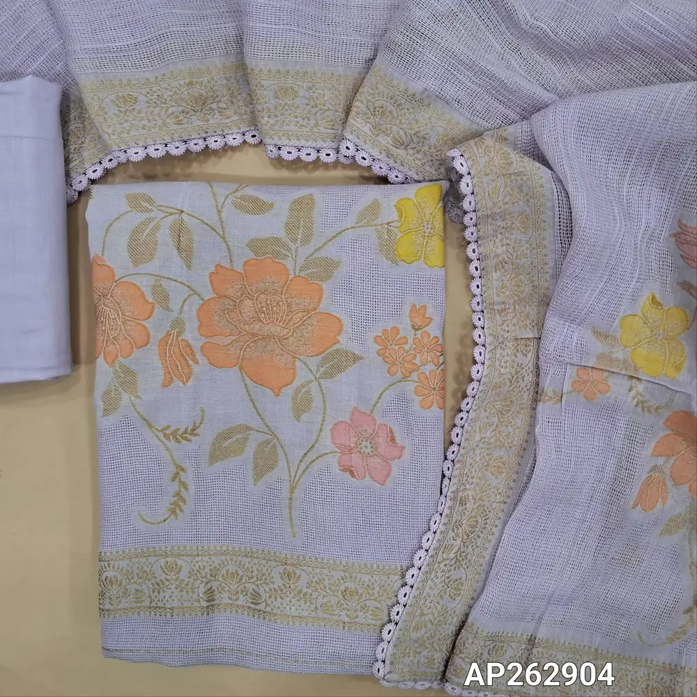 Designer lavender pure jute cotton unstitched salwar material,thread weaving on yoke,rich jamdani weaving daman,(lining needed)drum dyed cotton fabric for lining, NO BOTTOM,jamdani weaving on jute cotton dupatta with borders and lace tapping. AP262904