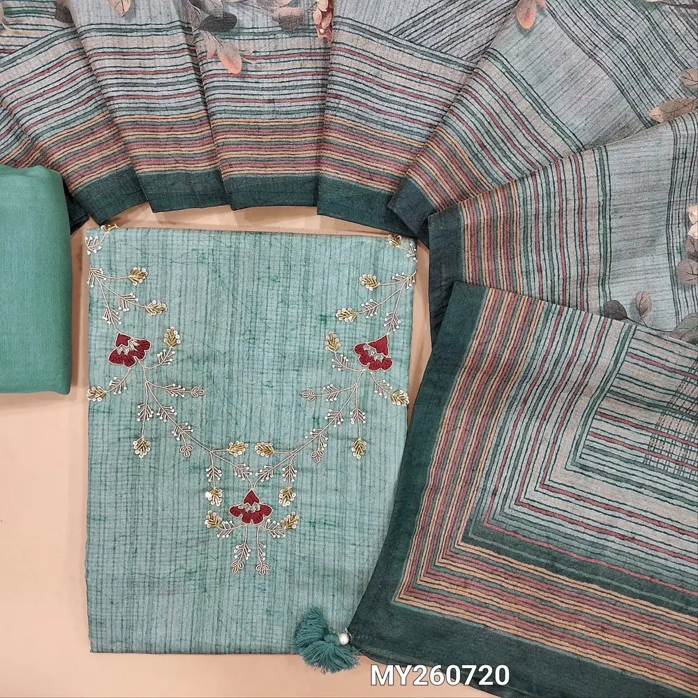 Powder blue with golden tint designer digital printed premium tissue silk cotton unstitched salwar material, rich work on yoke(soft,lining needed)matching santoon bottom, floral printed tissue silk cotton dupatta. MY260720