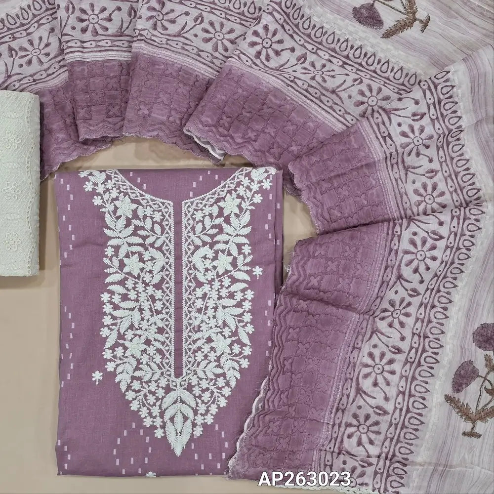 Light purple premium handloom cotton unstitched salwar material, rich embroidery work on yoke,weaving and embroidery on front, (lining needed)embroidered cotton bottom,embroidery and block printed mul cotton dupatta with scallop edges. AP263023