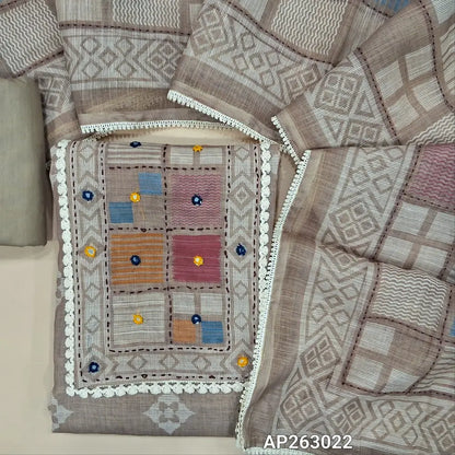 Greyish beige printed semi linen unstitched salwar material, (lining needed)embroidery,kantha stitch & real mirror ,lace work on yoke,matching cotton bottom, embroidery and kantha stitch work on premium semi linen  dupatta with lace tapping. AP263022