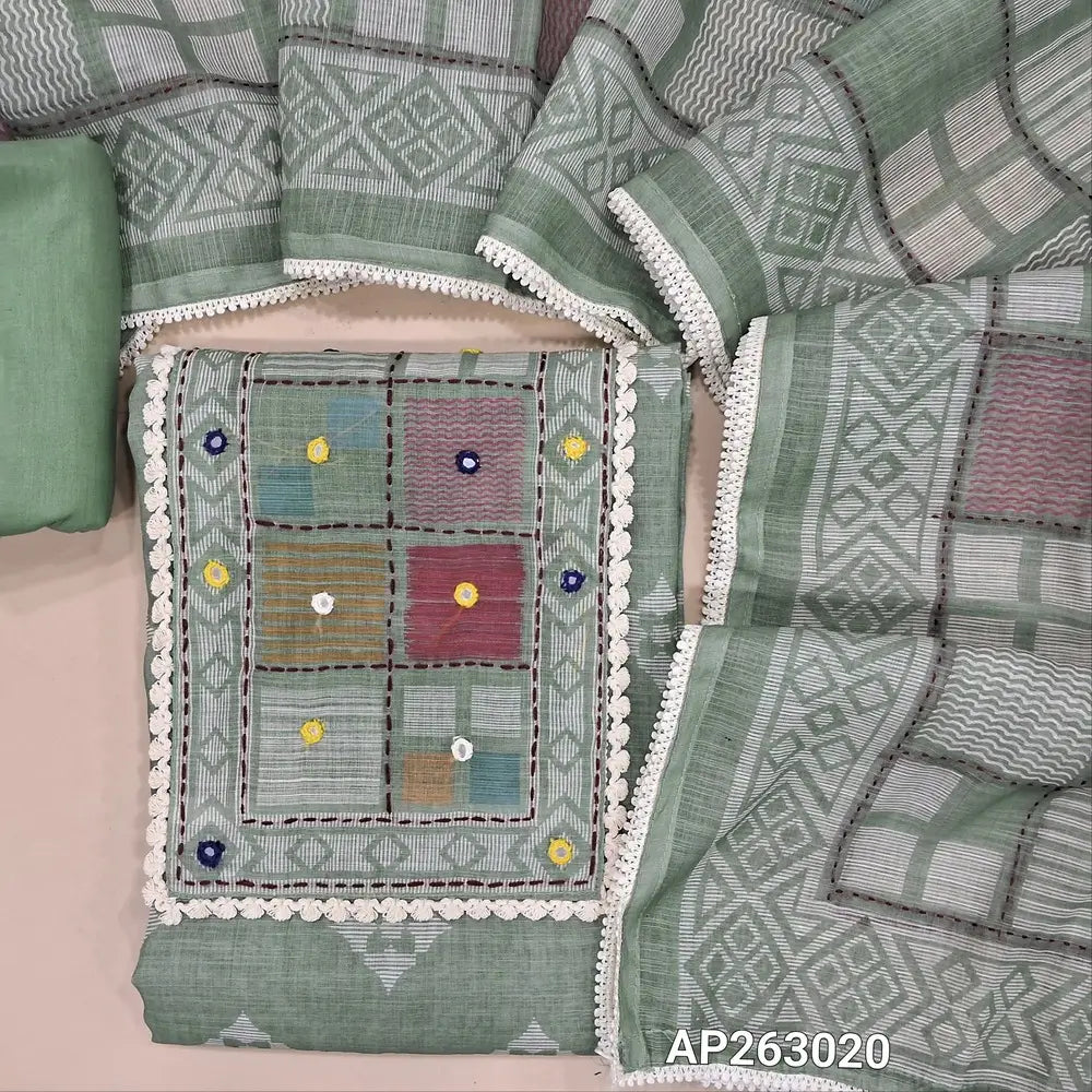 Sage green printed semi linen unstitched salwar material, (lining needed)embroidery,kantha stitch & real mirror ,lace work on yoke,matching cotton bottom, embroidery and kantha stitch work on premium semi linen  dupatta with lace tapping. AP263020