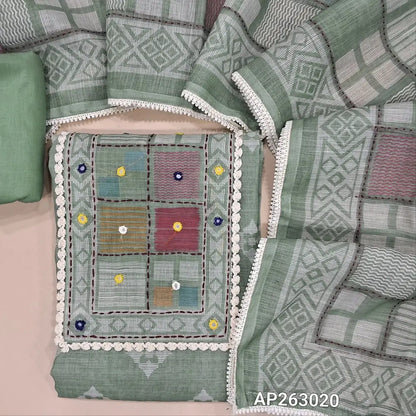 Sage green printed semi linen unstitched salwar material, (lining needed)embroidery,kantha stitch & real mirror ,lace work on yoke,matching cotton bottom, embroidery and kantha stitch work on premium semi linen  dupatta with lace tapping. AP263020