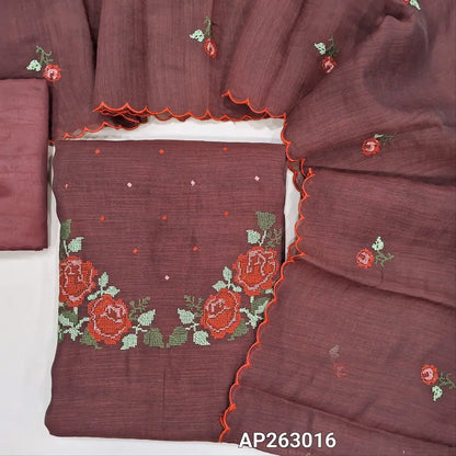 Dark maroon fancy silk cotton unstitched salwar material, cross stitch embroidered work on yoke(textured,soft,lining needed)matching silky bottom, cross stitch embroidered fancy silk cotton dupatta with scallop borders. AP263016