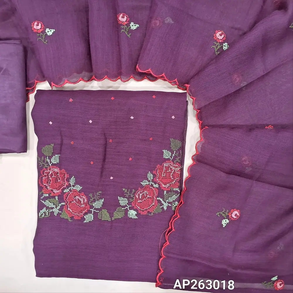 Dark purple fancy silk cotton unstitched salwar material, cross stitch embroidered work on yoke(textured,soft,lining needed)matching silky bottom, cross stitch embroidered fancy silk cotton dupatta with scallop borders. AP263018