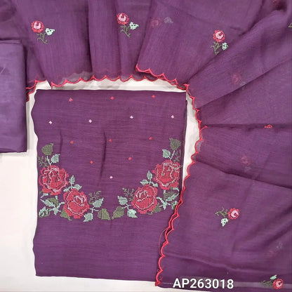 Dark purple fancy silk cotton unstitched salwar material, cross stitch embroidered work on yoke(textured,soft,lining needed)matching silky bottom, cross stitch embroidered fancy silk cotton dupatta with scallop borders. AP263018