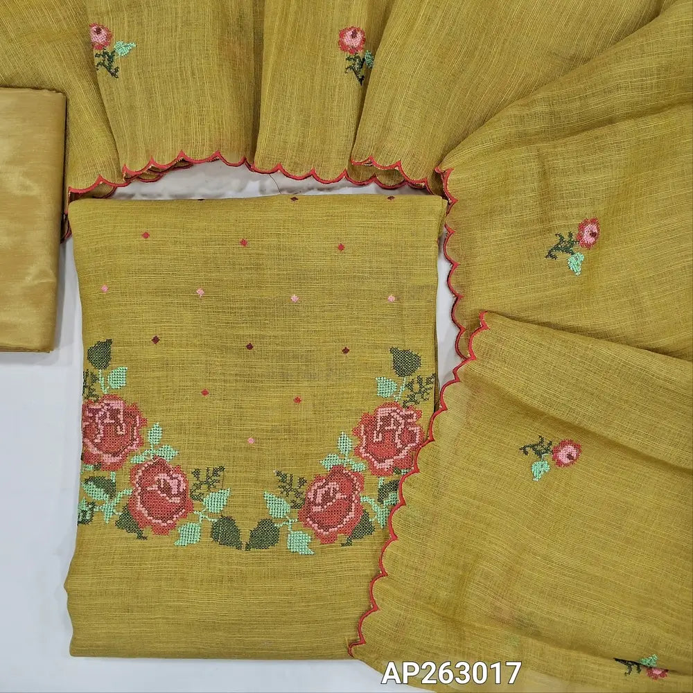 Mehandhi yellow fancy silk cotton unstitched salwar material, cross stitch embroidered work on yoke(textured,soft,lining needed)matching silky bottom, cross stitch embroidered fancy silk cotton dupatta with scallop borders. AP263017