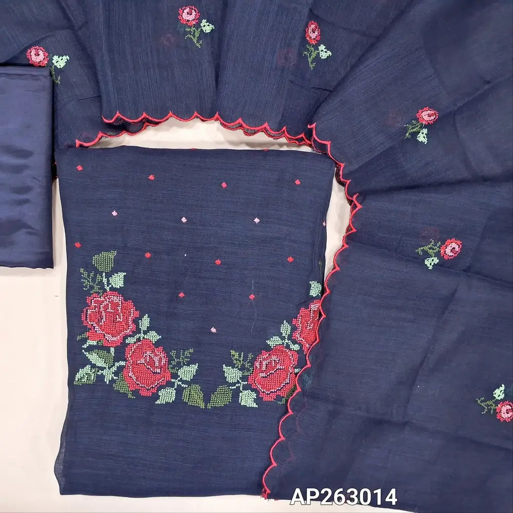Dark blue fancy silk cotton unstitched salwar material, cross stitch embroidered work on yoke(textured,soft,lining needed)matching silky bottom, cross stitch embroidered fancy silk cotton dupatta with scallop borders. AP263014