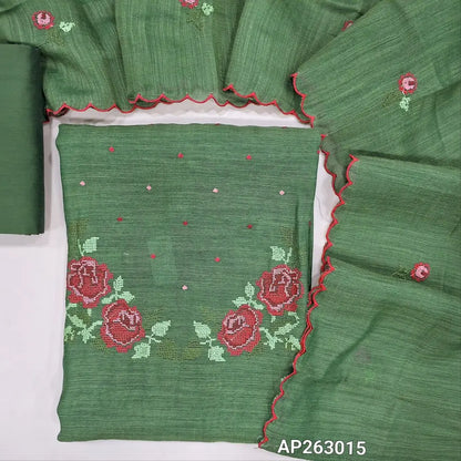 Olive green fancy silk cotton unstitched salwar material, cross stitch embroidered work on yoke(textured,soft,lining needed)matching silky bottom, cross stitch embroidered fancy silk cotton dupatta with scallop borders. AP263015