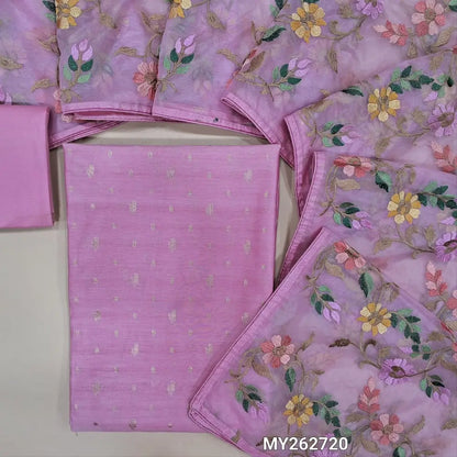 Designer lotus pink benarasi silk unstitched salwar material, antic gold zari woven design all over(thin fabric, lining needed)matching cotton bottom, heavy embroidered pure organza dupatta. MY262720