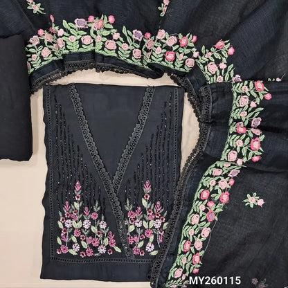 Designer black premium silk cotton unstitched salwar material,( soft,lining needed)sugar bead,cut work,fancy lace and thread detailing on yoke, matching spun cotton bottom,floral embroided kota dupatta with lace taping. MY260115