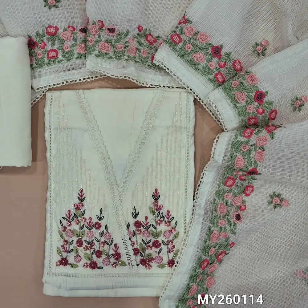 Designer off white base premium silk cotton unstitched salwar material,( soft,lining needed)sugar bead,cut work,fancy lace and thread detailing on yoke, matching spun cotton bottom,floral embroided kota dupatta with lace taping. MY260114