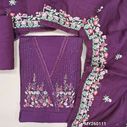 Designer dark purple premium silk cotton unstitched salwar material,( soft,lining needed)sugar bead,cut work,fancy lace and thread detailing on yoke, matching spun cotton bottom,floral embroided kota dupatta with lace taping. MY260111