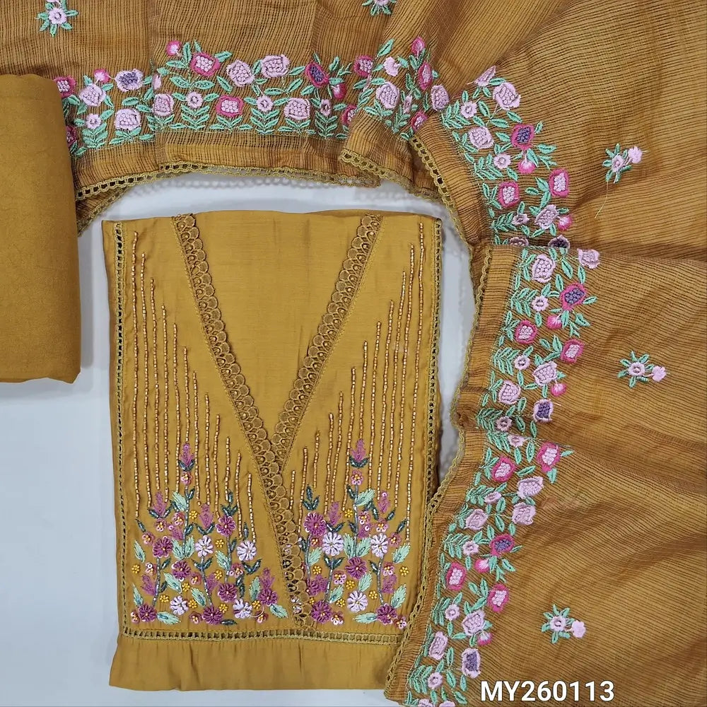 Designer mehandhi yellow premium silk cotton unstitched salwar material,( soft,lining needed)sugar bead,cut work,fancy lace and thread detailing on yoke, matching spun cotton bottom,floral embroided kota dupatta with lace taping. MY260113