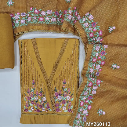 Designer mehandhi yellow premium silk cotton unstitched salwar material,( soft,lining needed)sugar bead,cut work,fancy lace and thread detailing on yoke, matching spun cotton bottom,floral embroided kota dupatta with lace taping. MY260113