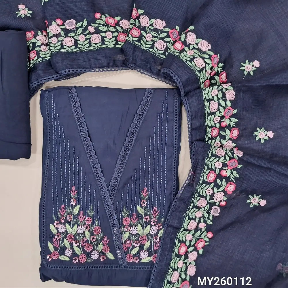 Designer dark blue premium silk cotton unstitched salwar material,( soft,lining needed)sugar bead,cut work,fancy lace and thread detailing on yoke, matching spun cotton bottom,floral embroided kota dupatta with lace taping. MY260112