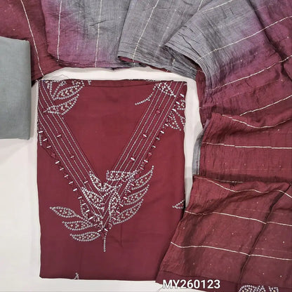 Maroon printed premium royan unstitched salwar material (soft,lining optional)real mirror work & v neck on yoke, greyish beige cotton bottom, zari, sequins work with dual shade fancy silk cotton dupatta. MY260123