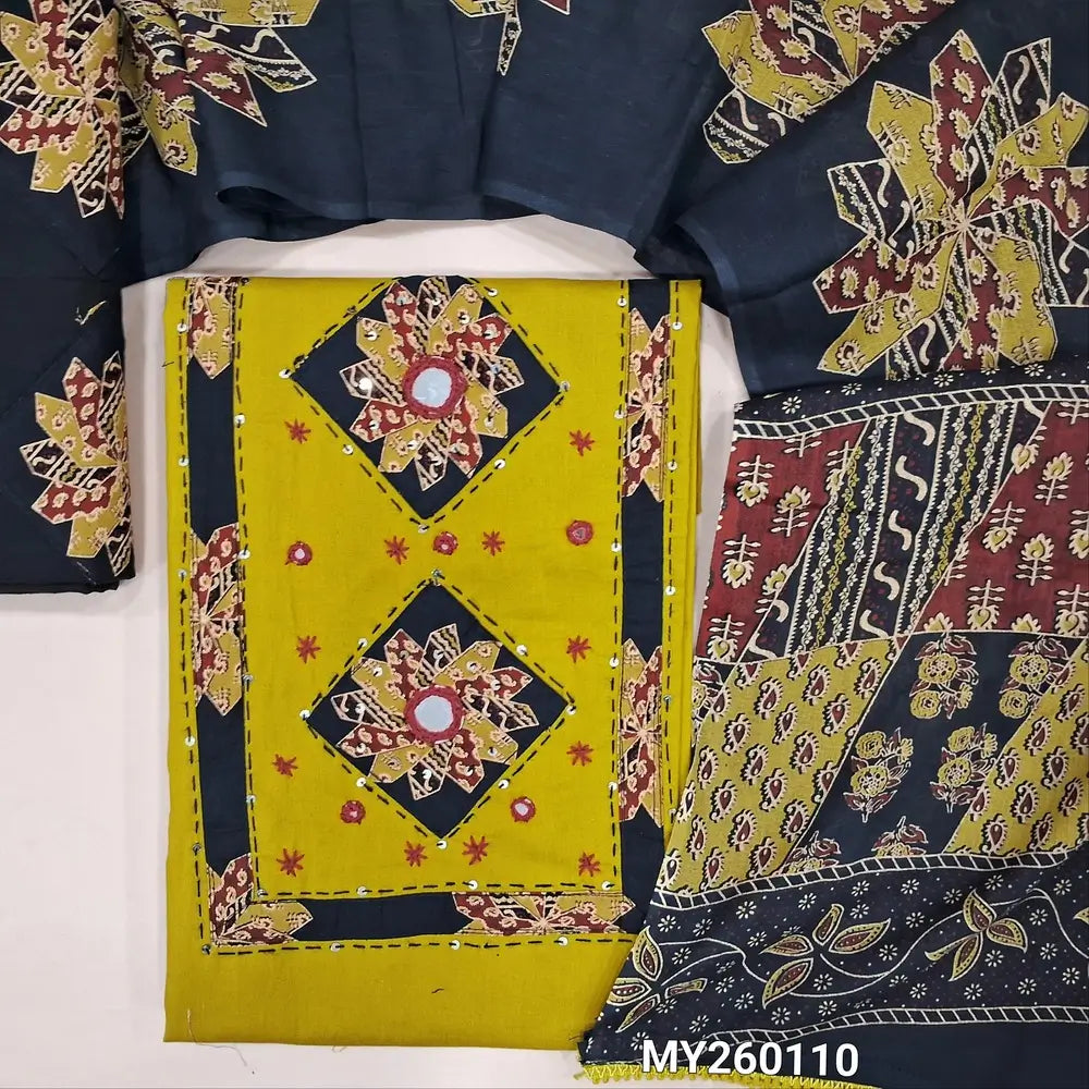 Mehandhi yellow premium pure dabu cotton unstitched salwar material,applique,kantha stitch &patch work yoke with real mirror detailing,(soft,lining optional) black applique work and dabu cotton bottom, printed mul cotton dupatta. MY260110