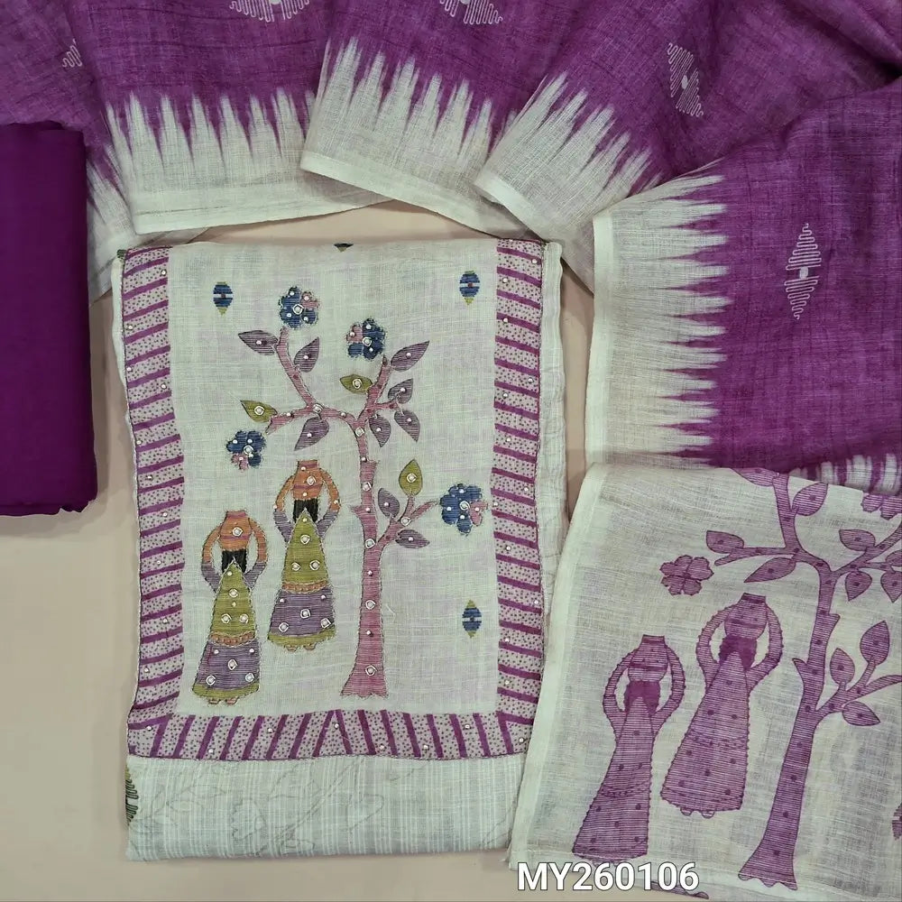 Off white base semi linen unstitched salwar material (lining needed)digital printed,zari& zardosi ,peal bead work on yoke and daman,self vertical design,dark purple santoon bottom, printed semi linen dupatta with contrast pallu. MY260106