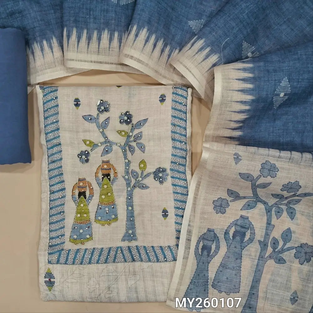 Off white base semi linen unstitched salwar material (lining needed)digital printed,zari& zardosi ,peal bead work on yoke and daman,self vertical design,blue santoon bottom, printed semi linen dupatta with contrast pallu. MY260107