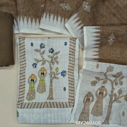 Off white base semi linen unstitched salwar material (lining needed)digital printed,zari& zardosi ,pearl bead work on yoke and daman,self vertical design,brown santoon bottom, printed semi linen dupatta with contrast pallu. MY260108