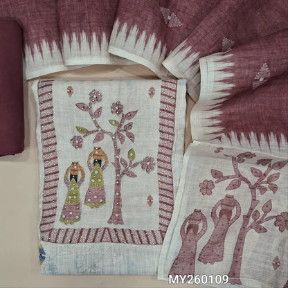 Off white base semi linen unstitched salwar material (lining needed)digital printed,zari& zardosi ,pearl bead work on yoke and daman,self vertical design,beetroot purple santoon bottom, printed semi linen dupatta with contrast pallu. MY260109