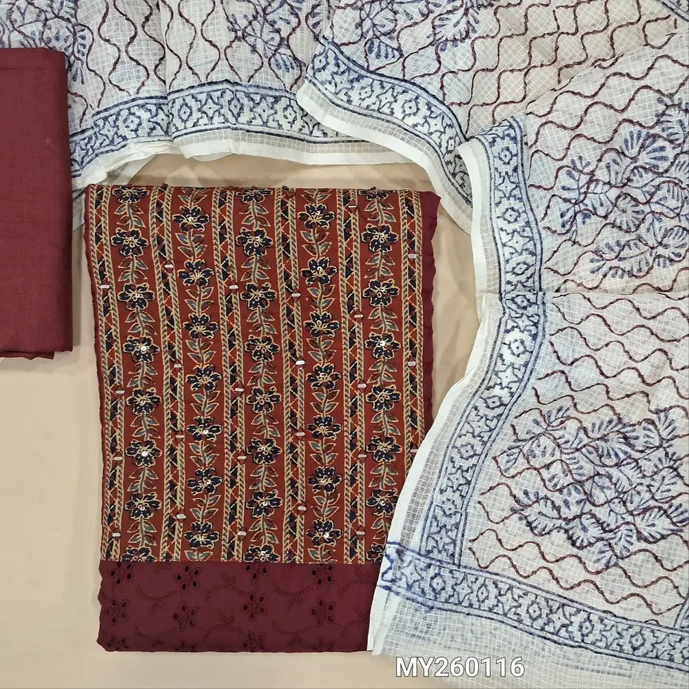Dark maroon schiffli embroidered soft pure cotton unstitched salwar material(lining needed)printed yoke with real mirrior and thread detailing,spun cotton bottom,hand block printed kota cotton dupatta.(TAPING NEEDED) MY260116