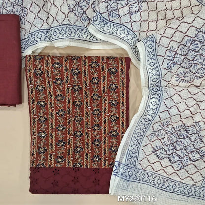 Dark maroon schiffli embroidered soft pure cotton unstitched salwar material(lining needed)printed yoke with real mirrior and thread detailing,spun cotton bottom,hand block printed kota cotton dupatta.(TAPING NEEDED) MY260116