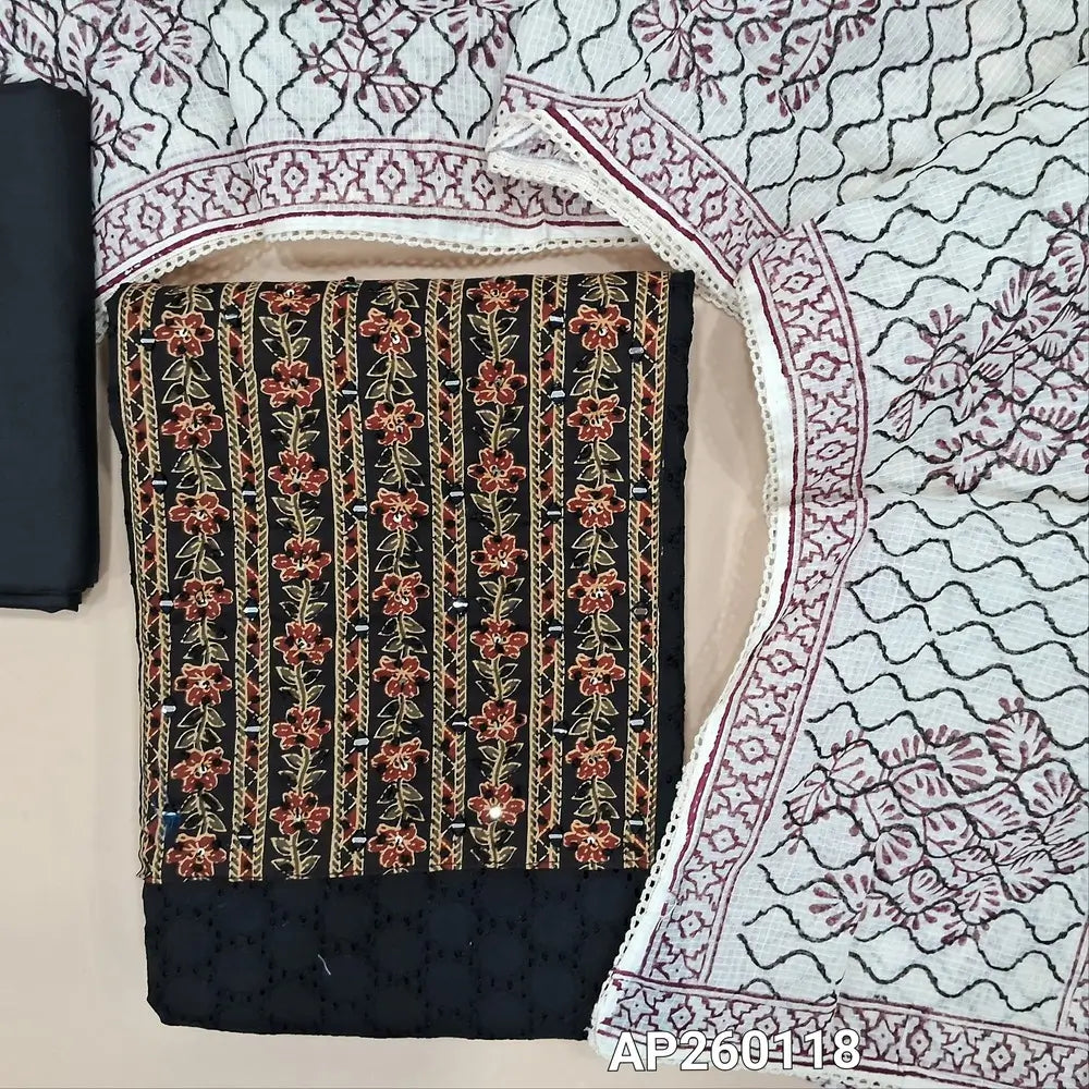Black schiffli embroidered soft pure cotton unstitched salwar material(lining needed)printed yoke with real mirrior and thread detailing,spun cotton bottom,hand block printed kota cotton dupatta.(TAPING NEEDED) MY260118