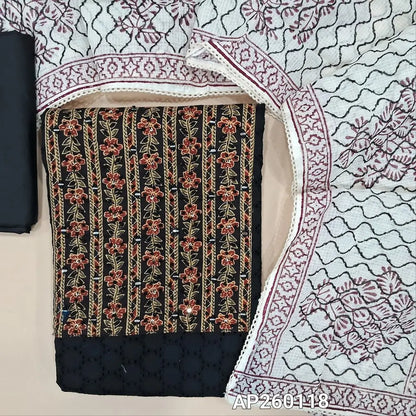 Black schiffli embroidered soft pure cotton unstitched salwar material(lining needed)printed yoke with real mirrior and thread detailing,spun cotton bottom,hand block printed kota cotton dupatta.(TAPING NEEDED) MY260118