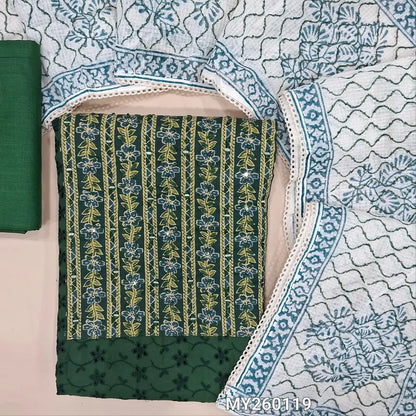 Dark green schiffli embroidered soft pure cotton unstitched salwar material(lining needed)printed yoke with real mirrior and thread detailing,spun cotton bottom,hand block printed kota cotton dupatta.(TAPING NEEDED) MY260119