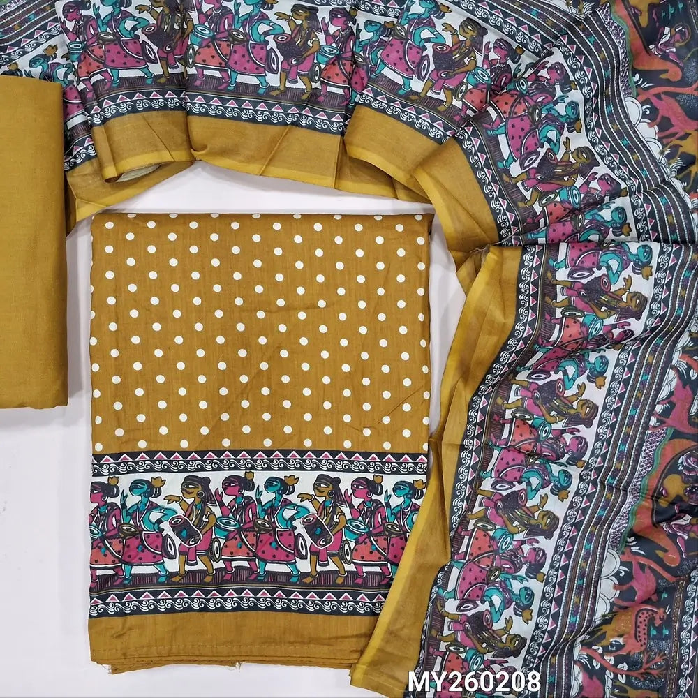 Mehandhi yellow satin cotton unstitched salwar material,polka dots all over,digital printed and french knot work on daman(lining optional)matching cotton bottom,digital printed soft mixed cotton dupatta. MY260208