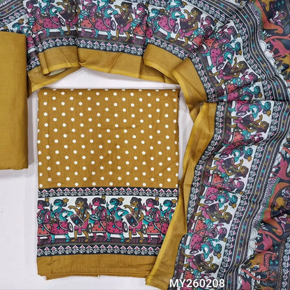 Mehandhi yellow satin cotton unstitched salwar material,polka dots all over,digital printed and french knot work on daman(lining optional)matching cotton bottom,digital printed soft mixed cotton dupatta. MY260208