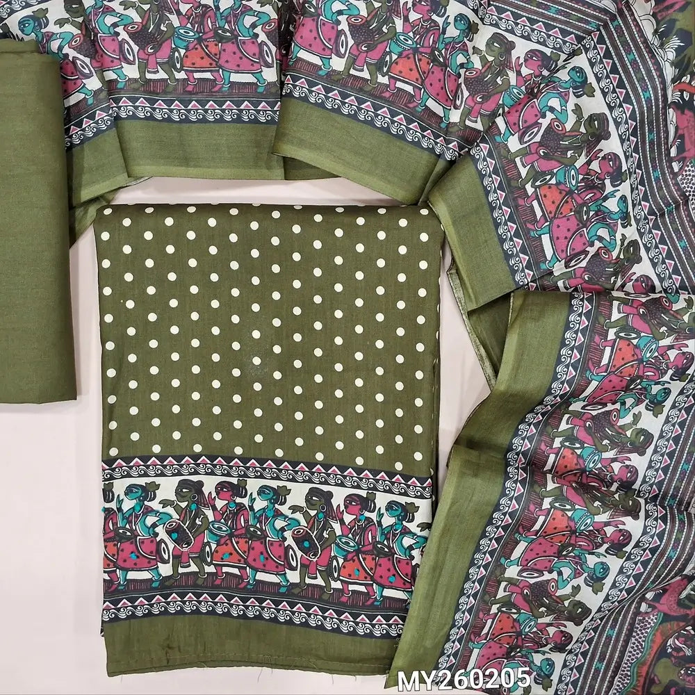 Dark olive green satin cotton unstitched salwar material,polka dots all over,digital printed and french knot work on daman(lining optional)matching cotton bottom,digital printed soft mixed cotton dupatta. MY260205