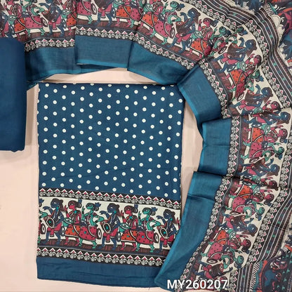 Dark blue satin cotton unstitched salwar material,polka dots all over,digital printed and french knot work on daman(lining optional)matching cotton bottom,digital printed soft mixed cotton dupatta. MY260207