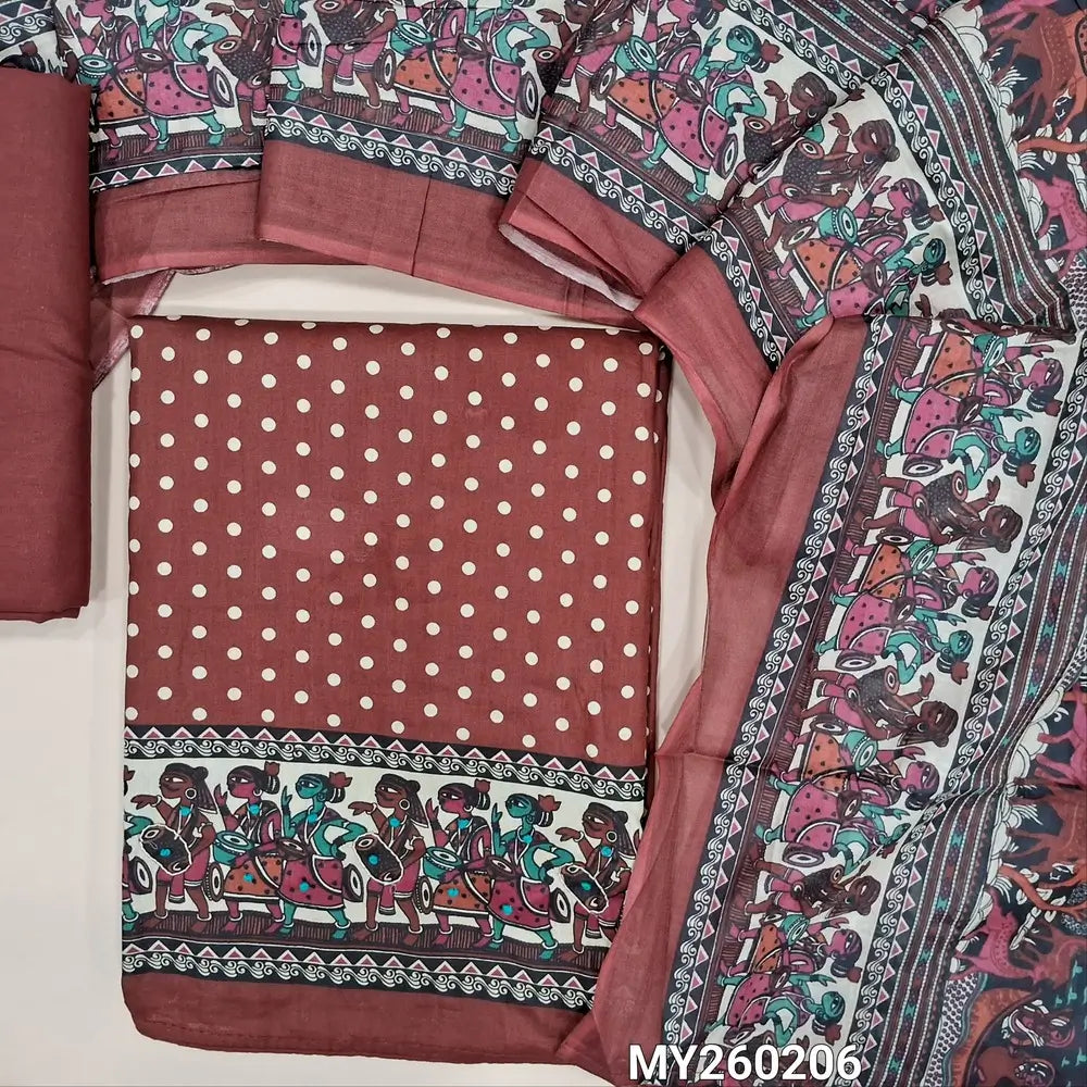Dark maroon satin cotton unstitched salwar material,polka dots all over,digital printed and french knot work on daman(lining optional)matching cotton bottom,digital printed soft mixed cotton dupatta. MY260206