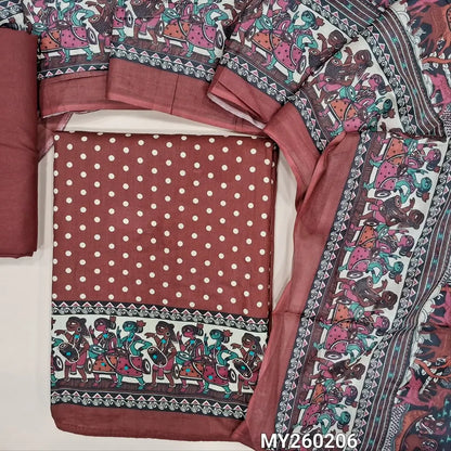 Dark maroon satin cotton unstitched salwar material,polka dots all over,digital printed and french knot work on daman(lining optional)matching cotton bottom,digital printed soft mixed cotton dupatta. MY260206