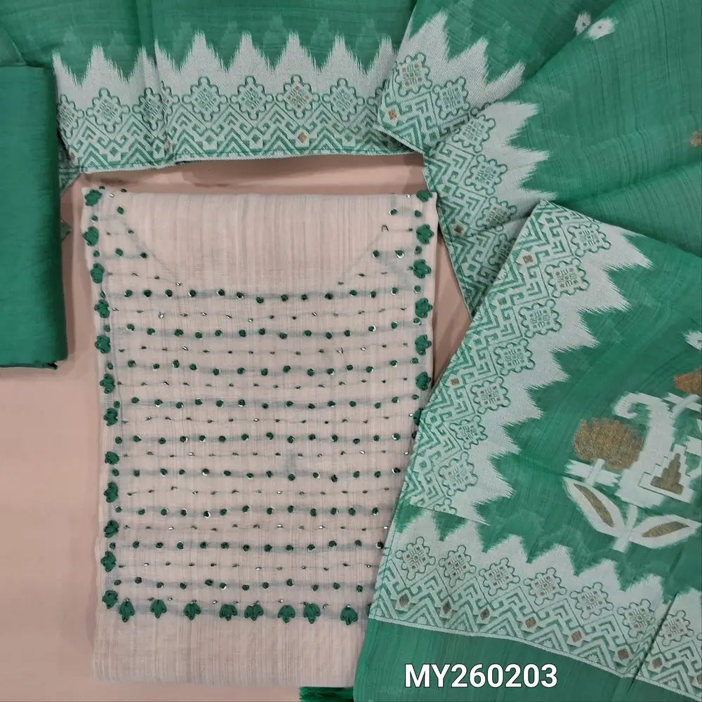 Light beige silk cotton unstitched salwar material, french knot and cut bead work on yoke,faux mirror work on front,(lining needed)pastel blue silky bottom,soft silk cotton dupatta with thread and gold zari weaving on pallu and borders. MY260203