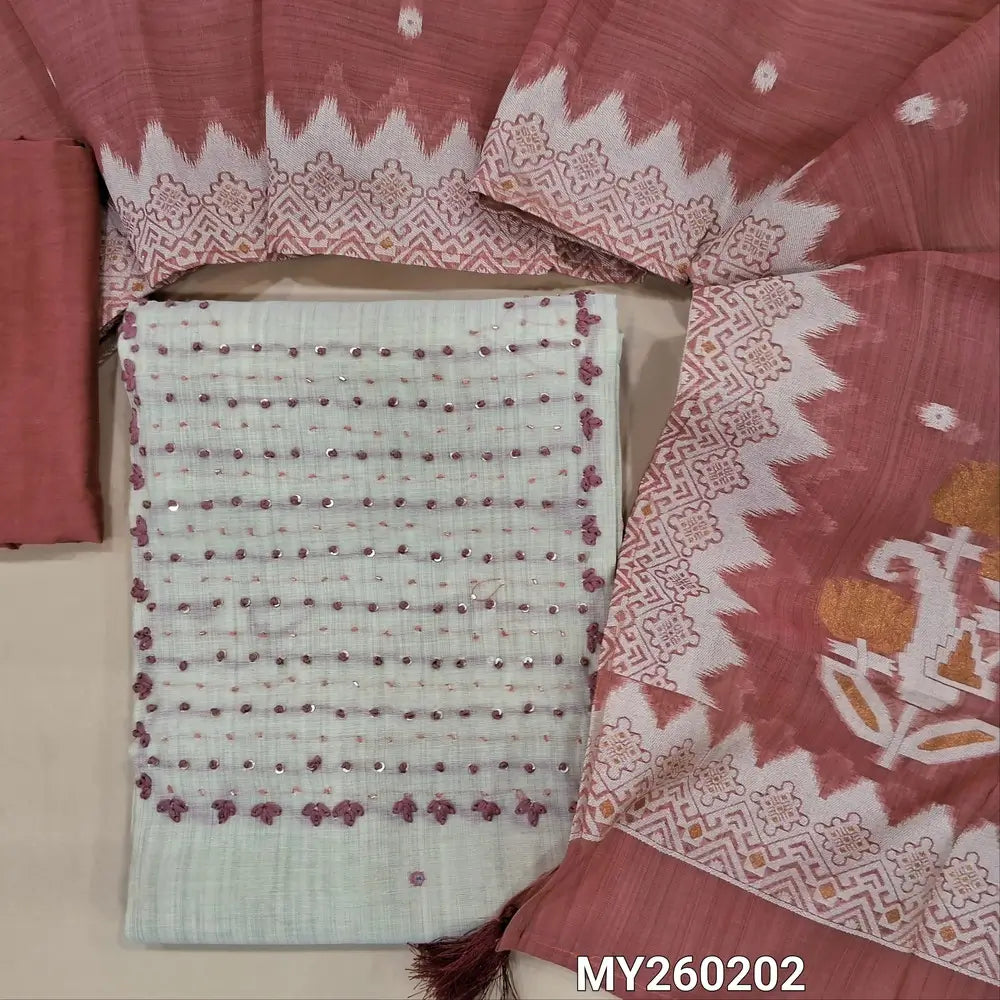 Light beige silk cotton unstitched salwar material, french knot and cut bead work on yoke,faux mirror work on front,(lining needed)pink silky bottom,soft silk cotton dupatta with thread and gold zari weaving on pallu and borders. MY260202