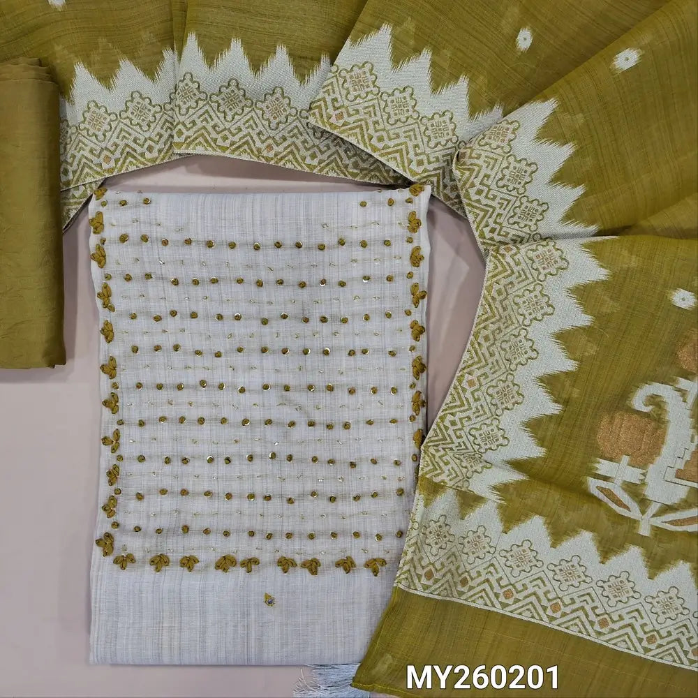 Light beige silk cotton unstitched salwar material, french knot and cut bead work on yoke,faux mirror work on front,(lining needed)mehandhi green silky bottom,soft silk cotton dupatta with thread and gold zari weaving on pallu and borders. MY260201