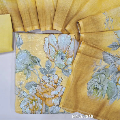 Pastel yellow schiffli embroidered digital printed semi linen unstitched salwar material(thin fabric, lining needed)matching santoon bottom, floral printed semi linen dupatta. MY262818