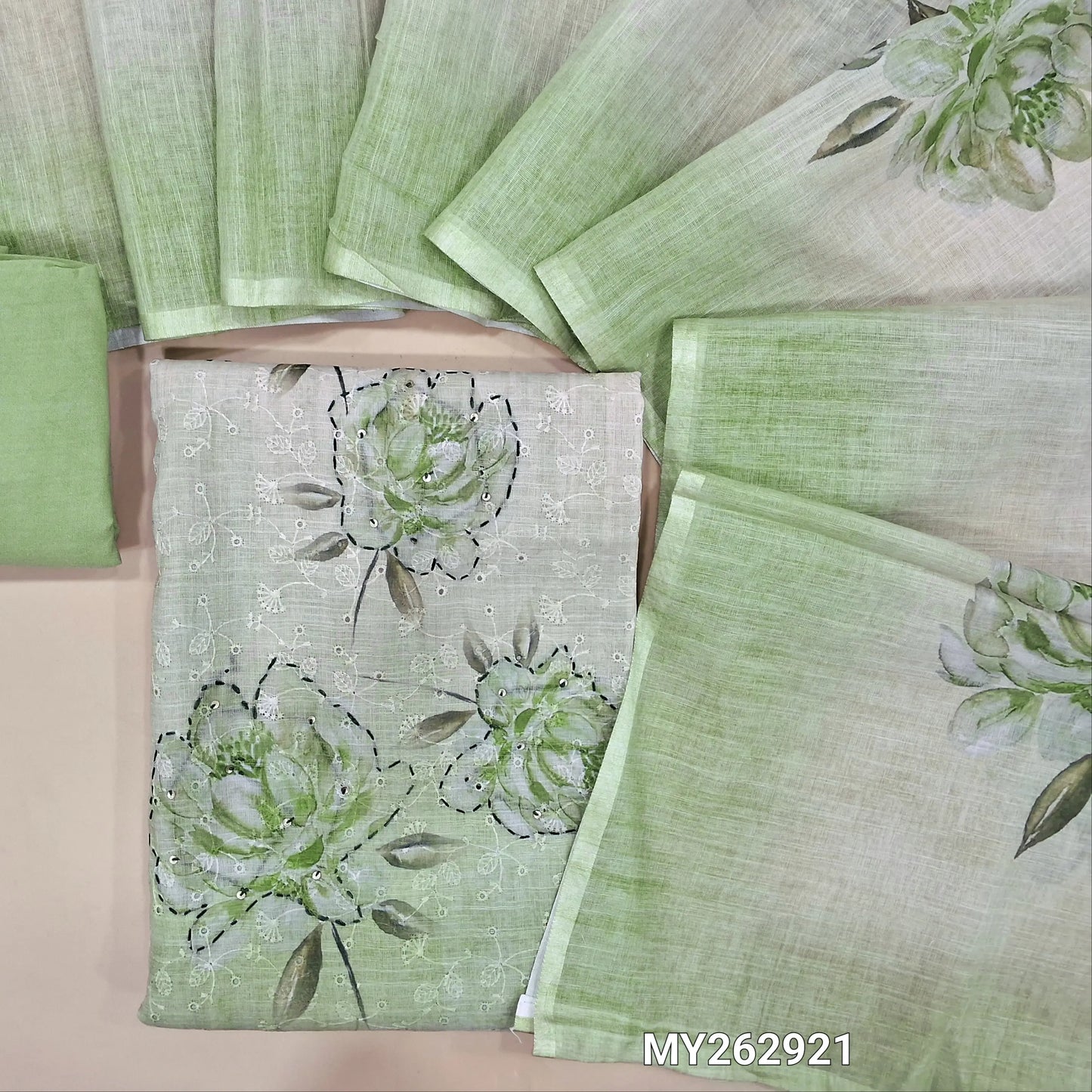 Beige &light green dual shaded schiffli embroidered printed semi linen unstitched salwar material(thin fabric, lining needed)green santoon bottom, digital printed semi linen dupatta. MY262921