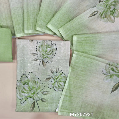 Beige &light green dual shaded schiffli embroidered printed semi linen unstitched salwar material(thin fabric, lining needed)green santoon bottom, digital printed semi linen dupatta. MY262921
