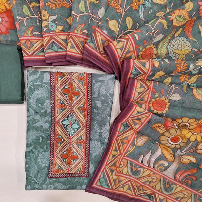 Dark grey digital floral printed silk cotton unstitched salwar material, hand embroidered on yoke(thin fabric, lining needed)matching santoon bottom, digital printed silk cotton dupatta. CODE OC241612