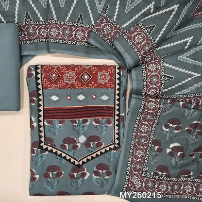 Grey ajrak hand block printed pure cotton unstitched salwar material(lining optional) contrast yoke patch with real mirror work, cotton bottom, zigzag printed cotton full length dupatta. MY260215