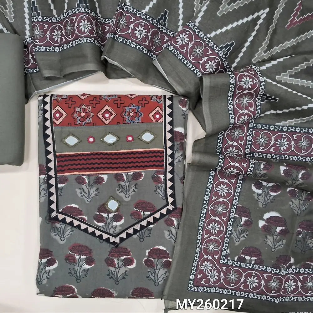 Light grey ajrak hand block printed pure cotton unstitched salwar material(lining optional) contrast yoke patch with real mirror work, cotton bottom, zigzag printed cotton full length dupatta. MY260217