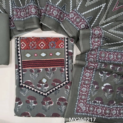 Light grey ajrak hand block printed pure cotton unstitched salwar material(lining optional) contrast yoke patch with real mirror work, cotton bottom, zigzag printed cotton full length dupatta. MY260217